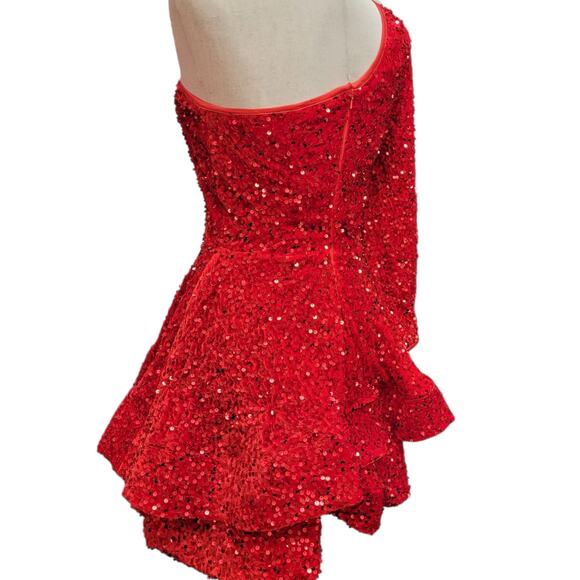 NWT Bright Red Size 2 Asymmetric One Long Sleeve Short Sequin Dress - Picture 13 of 13
